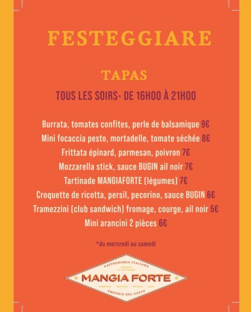 ✨ On arrive avec une nouvelle offre pour le soir à partir de cette semaine ! ✨ Vous nous l’avez demandé, on vous a écouté :
📅 Du mercredi au samedi soir, découvrez notre nouvelle formule tapas, sans oublier nos incontournables planches de charcuteries et fromages 🧀🥓
🍹 Et toujours notre Happy Hours de 16h à 19h pour bien commencer la soirée !
De quoi profiter de soirées gourmandes, conviviales et pleines de saveurs ! 🍷🫒🍤
📍 Mangia Forte – 71 avenue de Verdun, Dardilly 📆 Ouvert du mercredi au lundi dès 9H30– Fermé le mardi 📞 Infos & commandes : 06 24 02 40 81
📧 contact@mangiaforte.fr